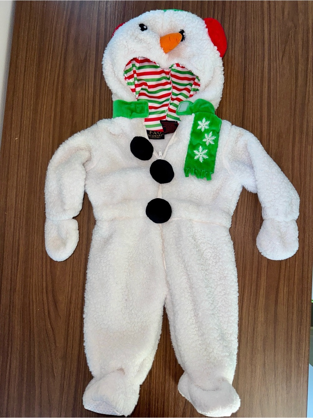 FAO Schwarz White Snowman Jumpsuit with Green Scarf and Red Ear Accents